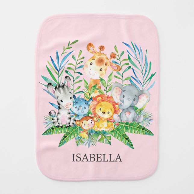 Personalized Safari Jungle Girl  Baby Burp Cloth (Front)