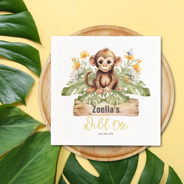 Personalized Safari Napkins (Safari Jungle Tropical Yellow White Flowers Monkey Wild One Birthday Napkin)