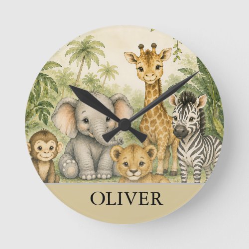 Personalized Safari Nursery Name Poster | Jungle  Round Clock