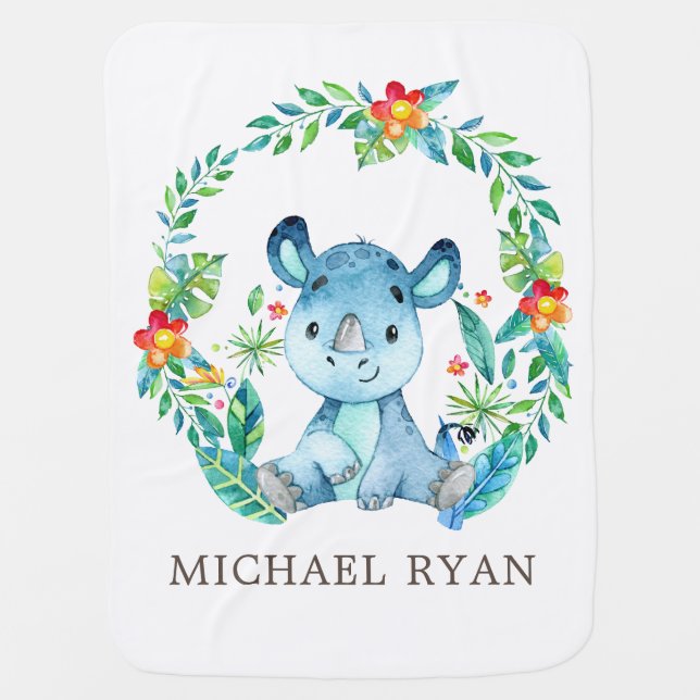 Personalized Safari Rhino Receiving Blanket (Front)