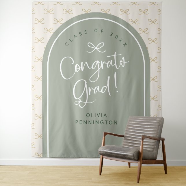 Personalized Sage Bow Congrats Grad Photo Backdrop (In Situ)
