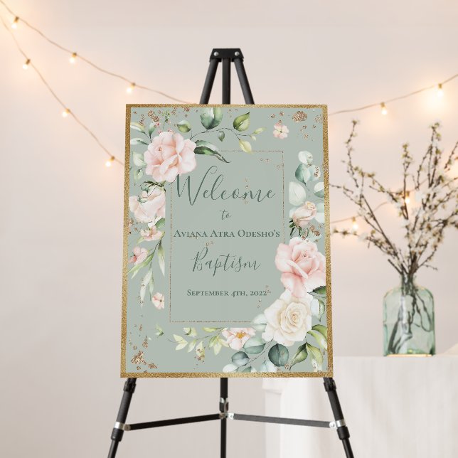 Personalized Sage Floral Gold Glitter Baptism Foam Board (In Situ (Stand))