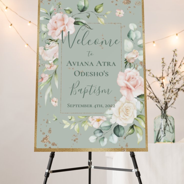 Personalized Sage Floral Gold Glitter Welcome Foam Board | Zazzle