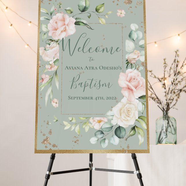 Personalized Sage Floral Gold Glitter Welcome Foam Foam Board (In Situ (Stand))