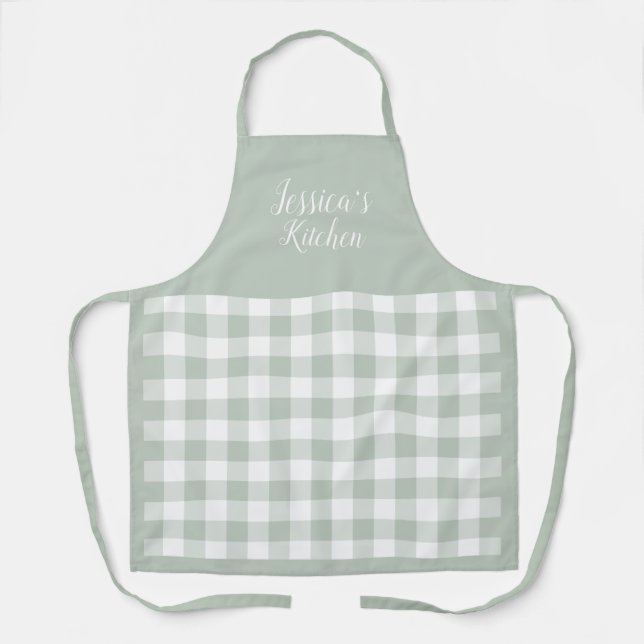 Personalized Sage Gingham Apron (Front)