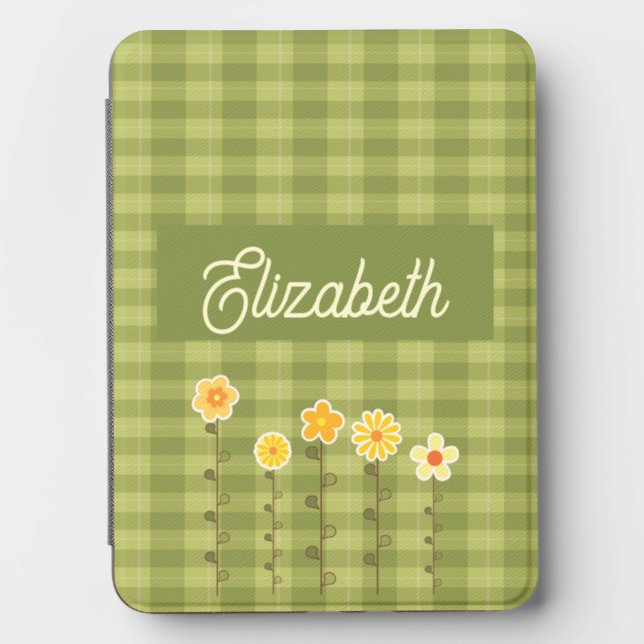 Personalized Sage Gingham Floral Name Pattern Kindle Cover (Front)