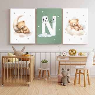 Personalized Sage Green Bear Nursery Decor Wall Art Sets