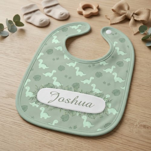 Personalized Sage Green Dinosaur and leaf Baby Bib