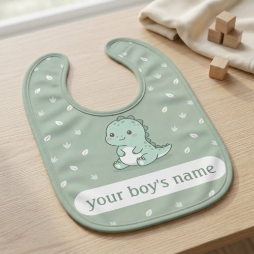 Personalized Sage Green Dinosaur Baby Bib