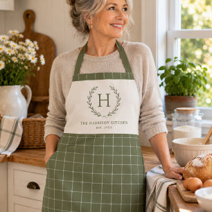 Personalized Sage Green Family Monogram Sage Plaid Apron