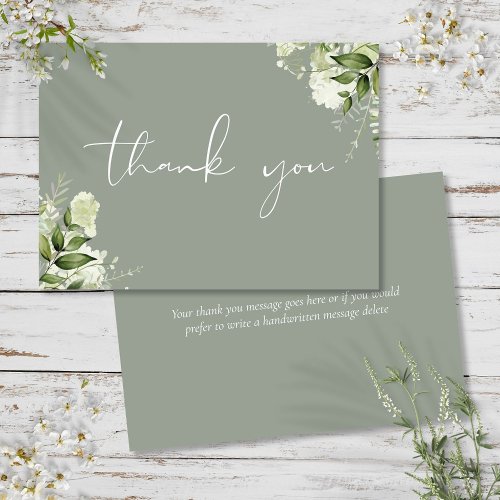 Personalized Sage Green Floral Elegant Script Thank You Card