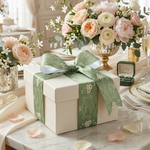 Personalized Sage Green Floral Wedding Engagement Satin Ribbon