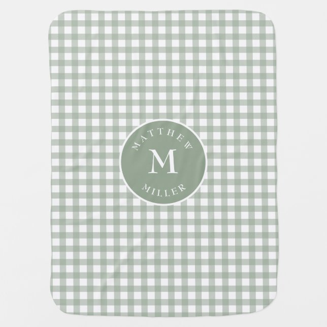 Personalized sage green gingham baby blanket (Front)