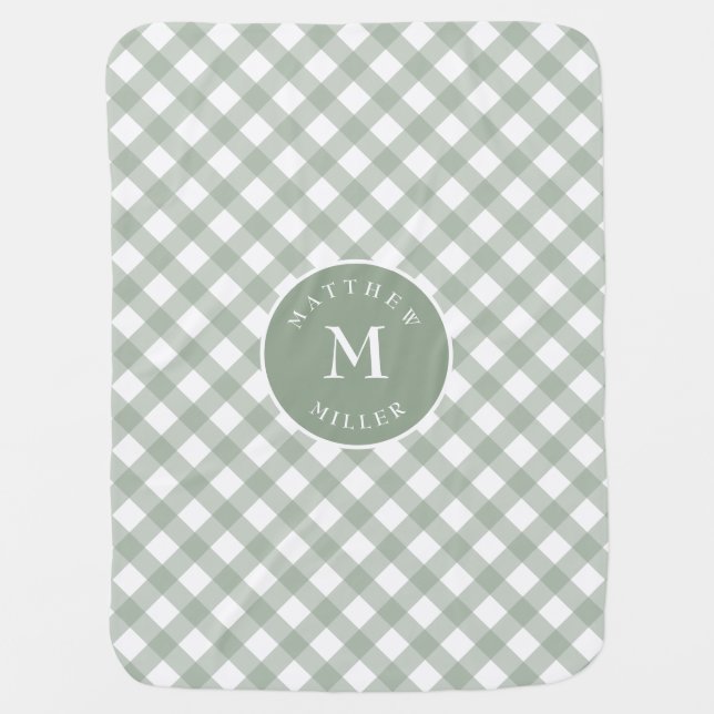 Personalized sage green gingham baby blanket (Front)
