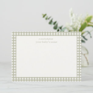 Personalized Sage Green Gingham Baby Nursery Note Card