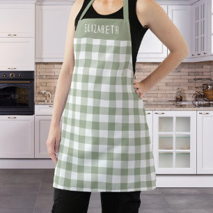 Personalized Sage Green Gingham Check Pattern Apron