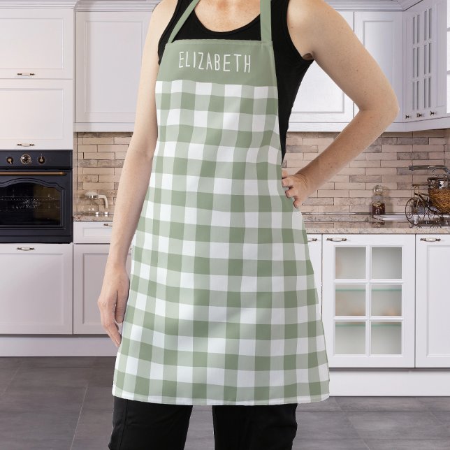 Personalized Sage Green Gingham Check Pattern Apron (Creator Uploaded)