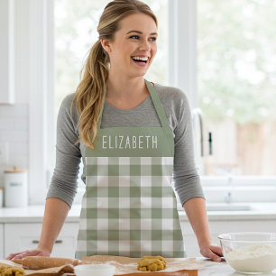 Personalized Sage Green Gingham Check Pattern Apron
