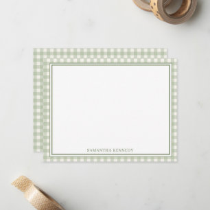 Personalized Sage Green Gingham Double Border Note Card