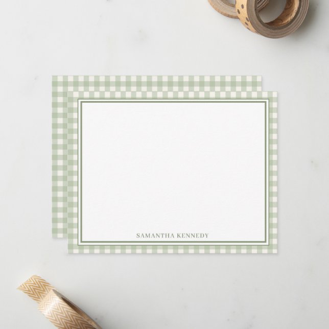Personalized Sage Green Gingham Double Border Note Card (Front/Back In Situ)