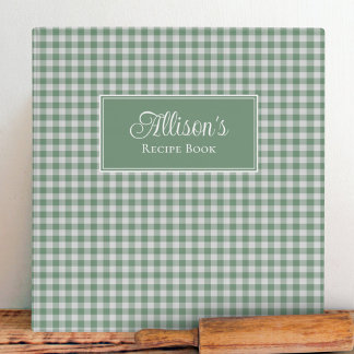 Personalized Sage Green Gingham Farmhouse Recipe 3 Ring Binder
