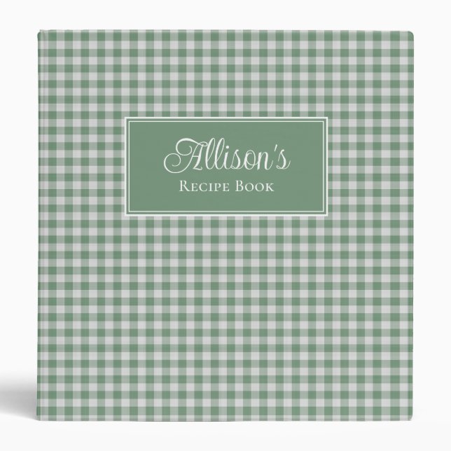 Personalized Sage Green Gingham Farmhouse Recipe 3 Ring Binder (Front)