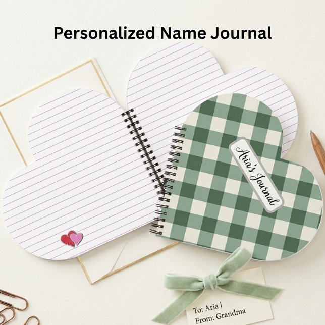 Personalized Sage Green Gingham Heart Notebook (Creator Uploaded)