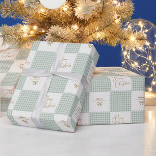 Personalized Sage Green Gingham Merry Christmas Wrapping Paper