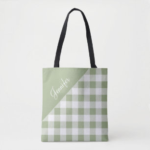 Personalized Sage Green Gingham Tote Bag
