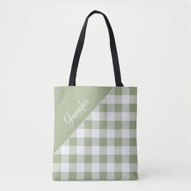Personalized Sage Green Gingham Tote Bag (Front)