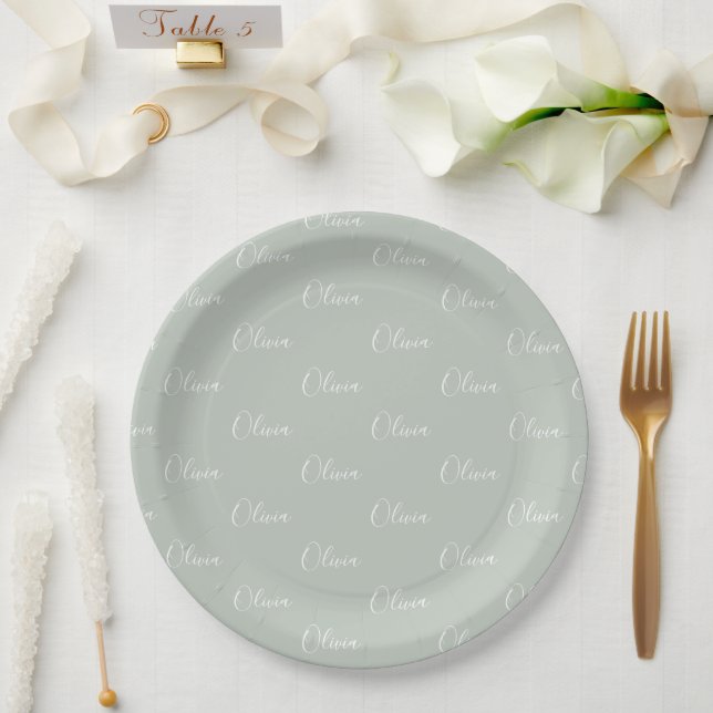 Personalized Sage Green Girly Elegant Name  Paper Plates (Wedding)