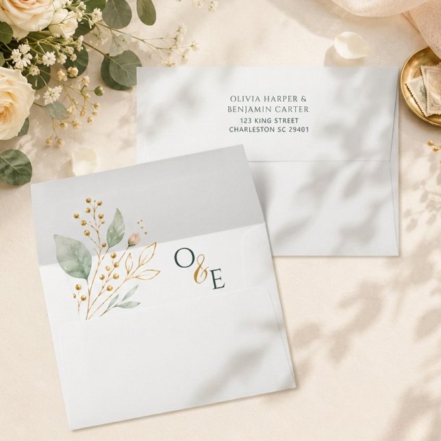Personalized Sage Green Gold Botanical Monogram  Envelope (Creator Uploaded)