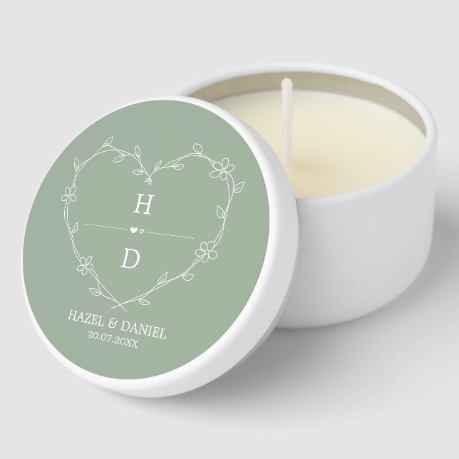 Personalized Sage Green Heart Monogram Wedding  Mini Candle Favors (Corner)