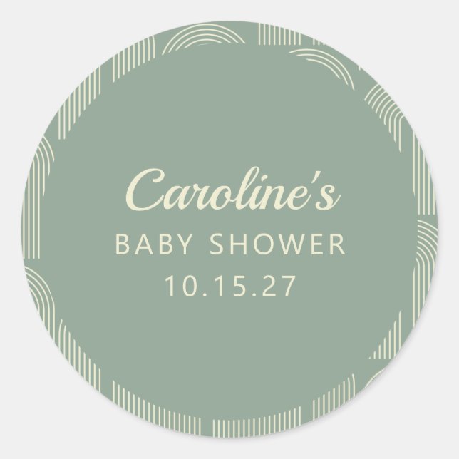 Personalized Sage Green Mod Geometric Baby Shower Classic Round Sticker (Front)