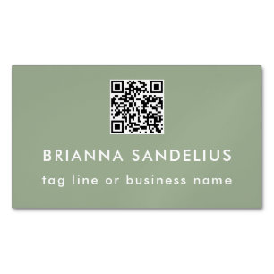 Personalized Sage Green Modern Script QR Code Business Card Magnet