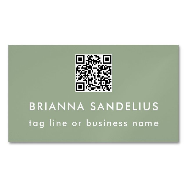 Personalized Sage Green Modern Script QR Code Business Card Magnet (Front)