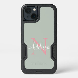 Personalized Sage Green Monogram Pink iPhone 13 Case