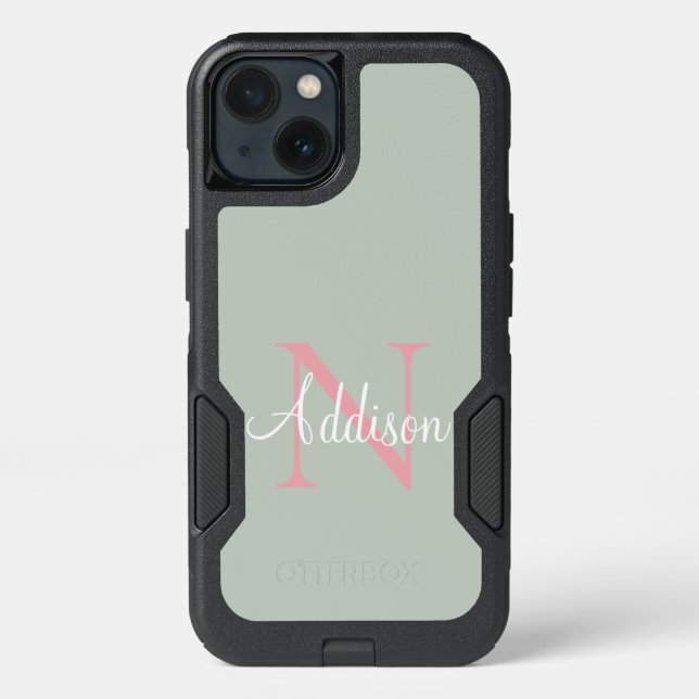 Personalized Sage Green Monogram Pink Otterbox iPhone Case (Back)