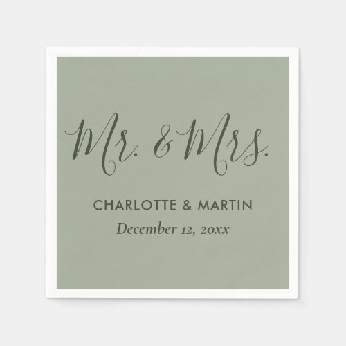 Personalized Sage Green Mr and Mrs Wedding Napkins