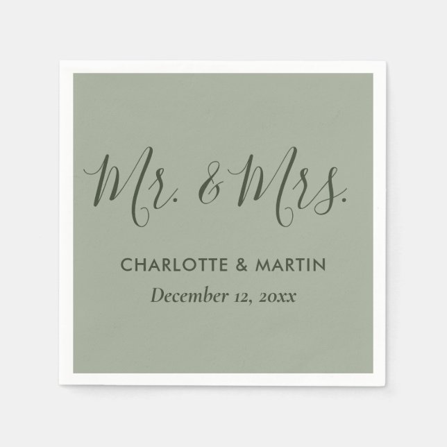 Personalized Sage Green Mr. and Mrs. Wedding Napkins (Front)