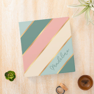 Personalized Sage Green Pastel Pink Gold Stripe 3 Ring Binder