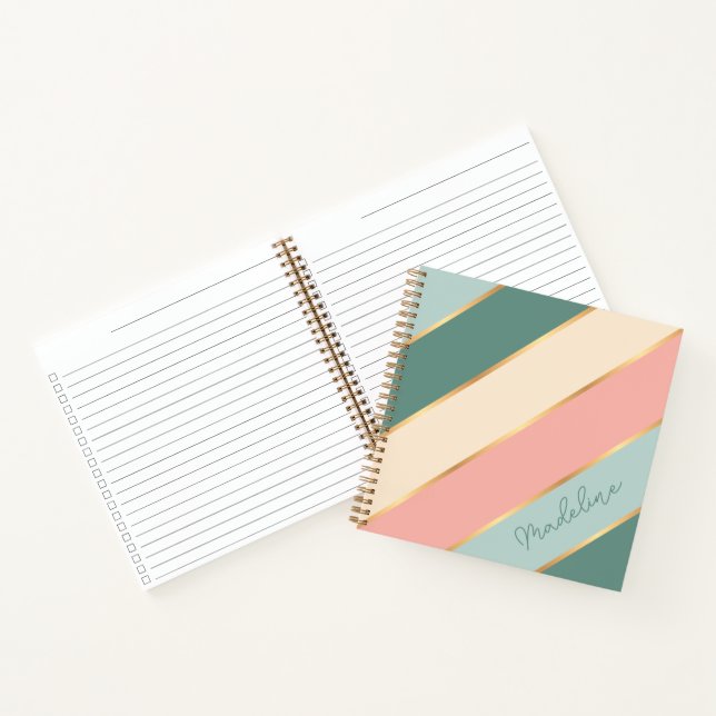 Personalized Sage Green Pastel Pink Gold Stripe Notebook (Inside)