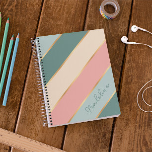 Personalized Sage Green Pastel Pink Gold Stripe Notebook