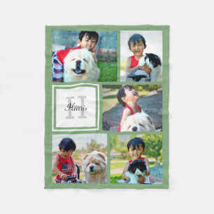 Personalized Sage Green Photo Collage Monogrammed Fleece Blanket