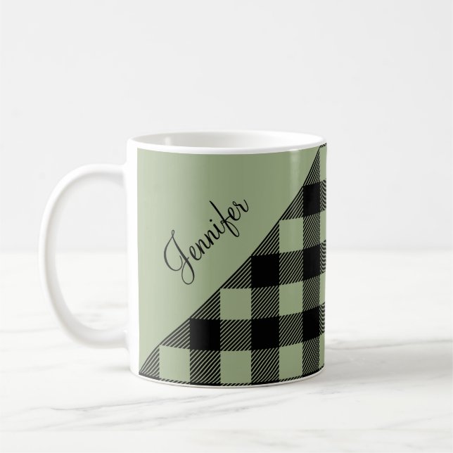 Personalized Sage Green Plaid Coffee Mug (Left)