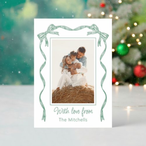 Personalized Sage Green Ribbon Christmas Holiday Letterpress Photo Cards