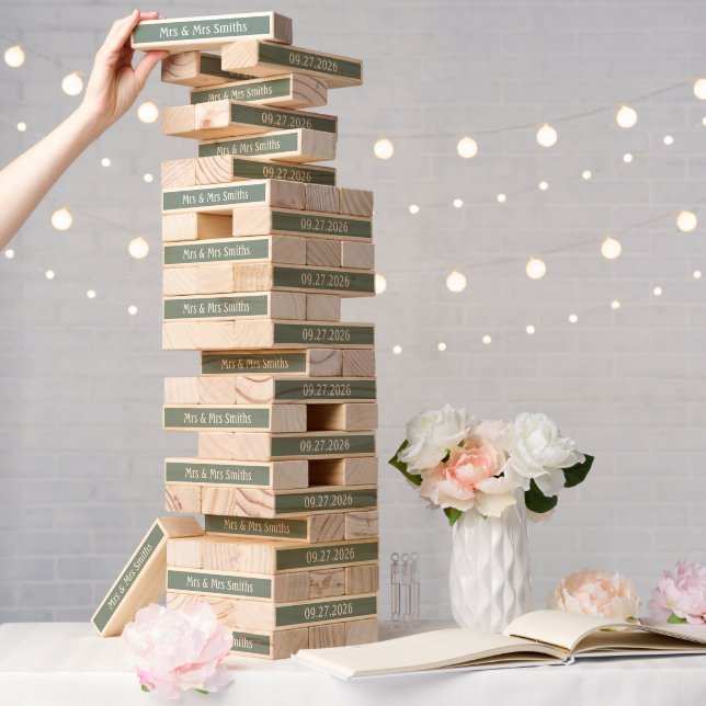 Personalized Sage Green Script Wedding Game Topple Tower (Wedding)
