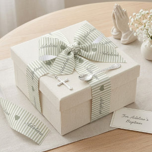 Personalized Sage Green Striped Heart Name Satin Ribbon