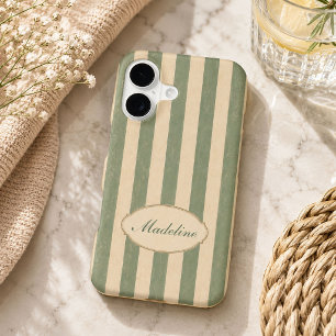 Personalized Sage Green Vintage Stripe Custom Name iPhone 17 Case