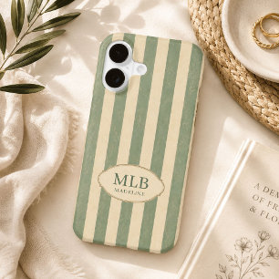 Personalized Sage Green Vintage Stripe Monogram iPhone 17 Case